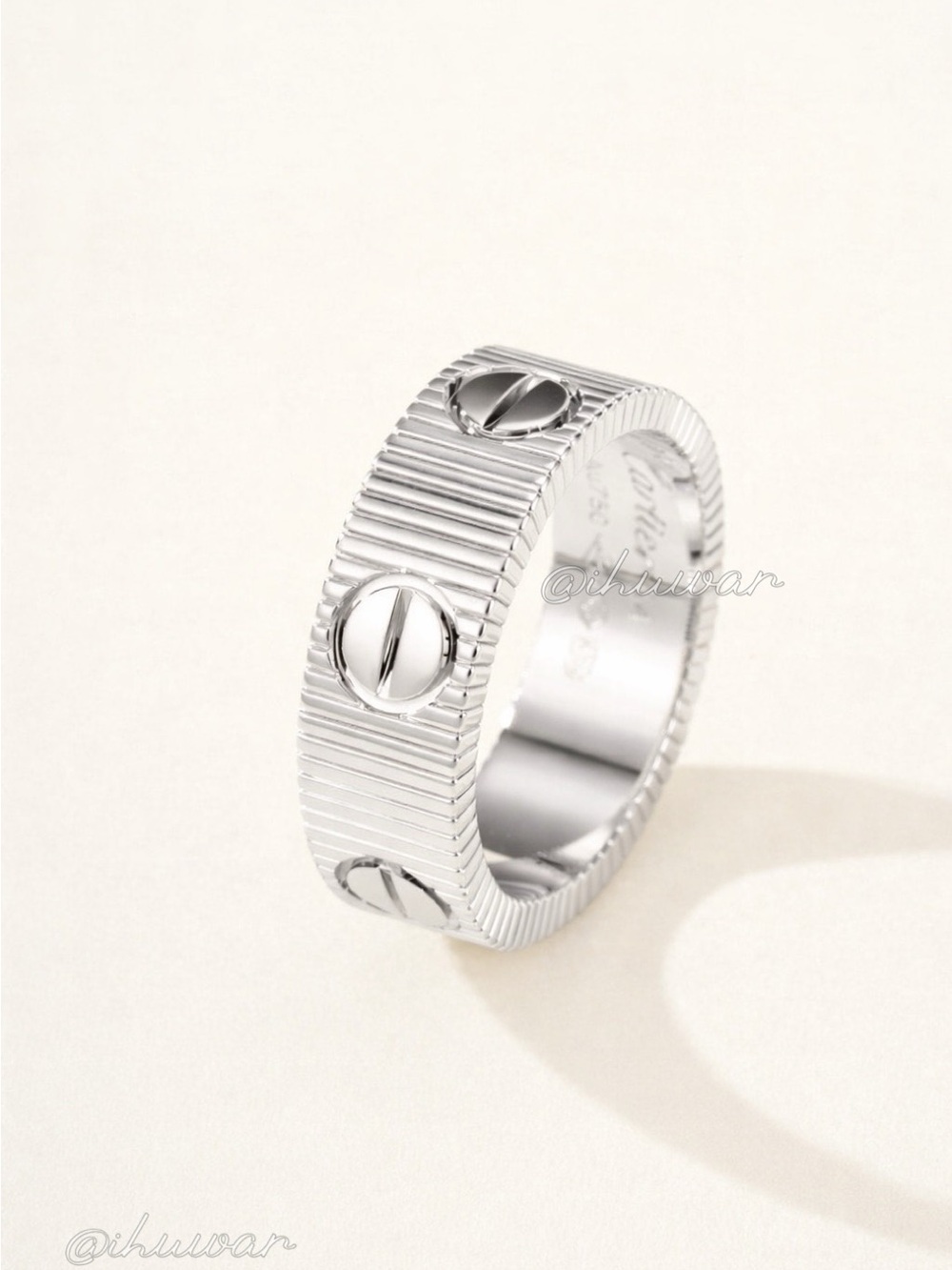 New 18K White Gold Plated LOVE Ring Ribbed Screw Motif Band Size 8 - Picture 2 of 7